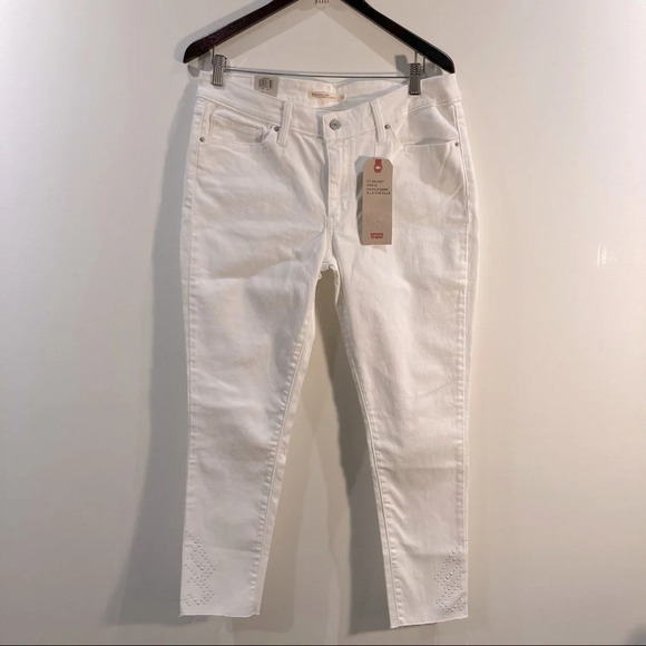 Levi's Denim - LEVI’S 711  Skinny Ankle Raw Hem w/ Embellishments at Ankle White Jeans